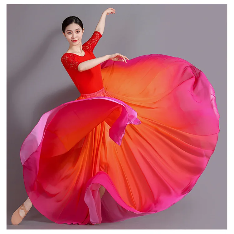 Women's 360-720 Degrees Big-hem Dance Skirts Gradient Color Chiffon Maxi Skirts Elastic-waist Elegant Square Dance A-line Skirts