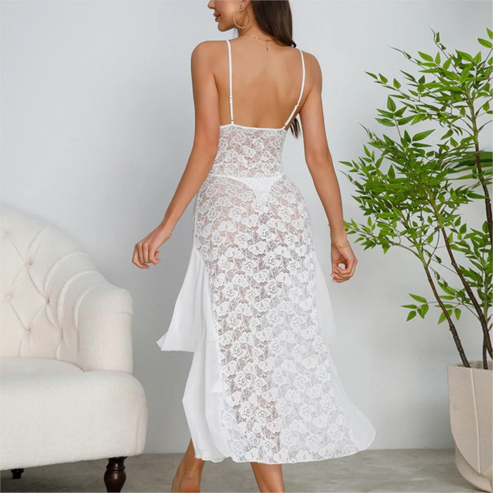 Vestidos para mujer, pijamas sexys, ropa de casa, camisón de encaje, vestido con tirantes finos en V, Color sólido, cómodo, moderno y delgado