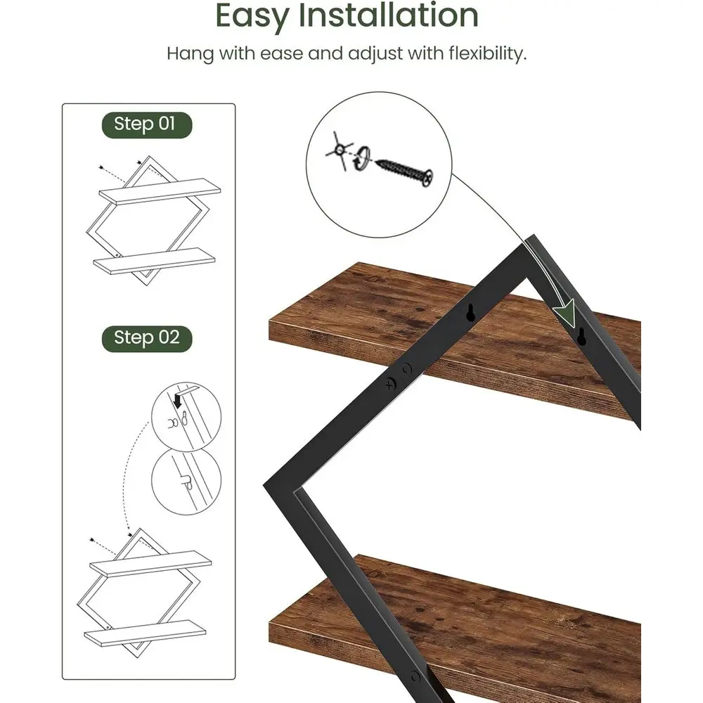 2-Piece Rustic Brown Floating Wall Shelves, Dual-Tier for Home, Office, and Kitchen