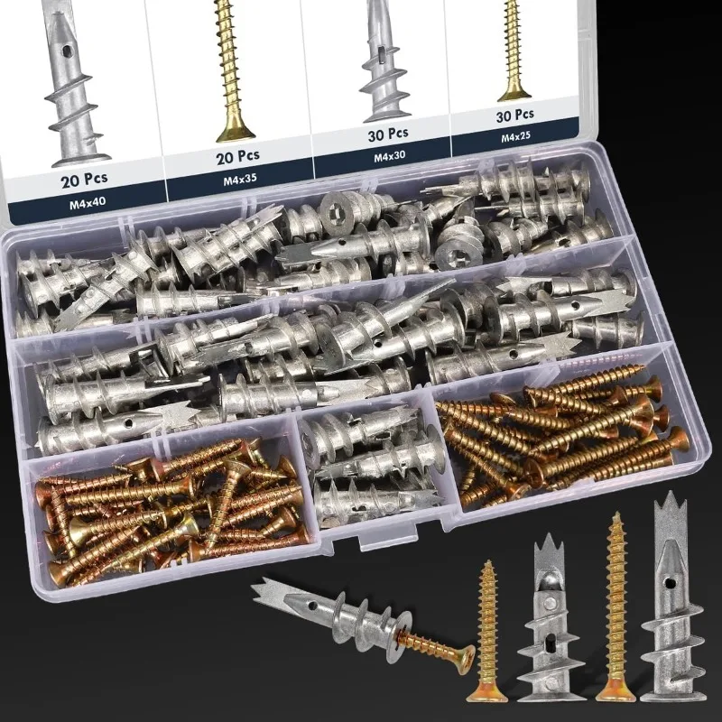 1/2Boxes (100pcs/box) M4 Self-Drilling Plaster Drywall Dowels Plasterboard Dowels with Screws Zinc Alloy Wall Anchor
