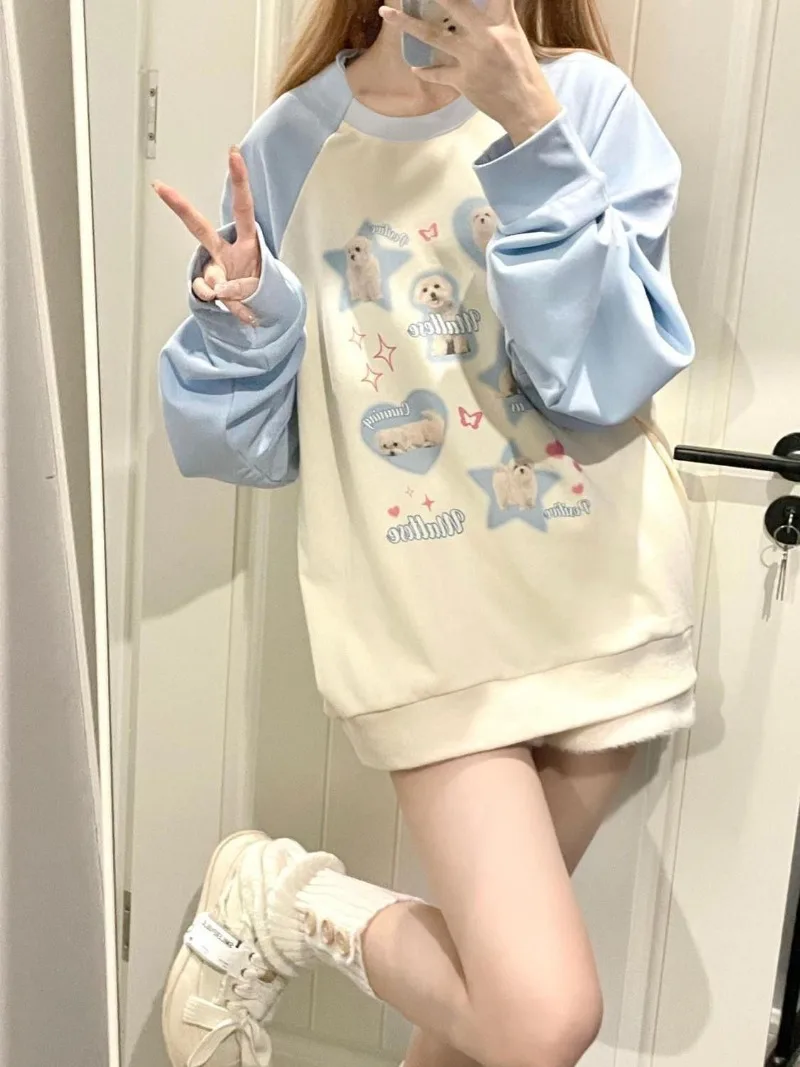 Kawaii Dog Print Sudadera Mujer Animal Pullovers Hoodies Contrast Color Raglan Sleeve American Women Vintage Sweatshirts Y2k