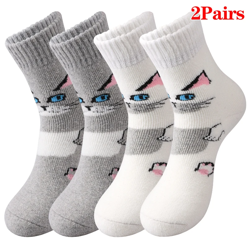 2Pairs Winter Thicken Cute Cartoon Cat Socks Women's Playful Sock Design Plush Warm Cozy Durable Mid Tube Sock Outdoor Sports