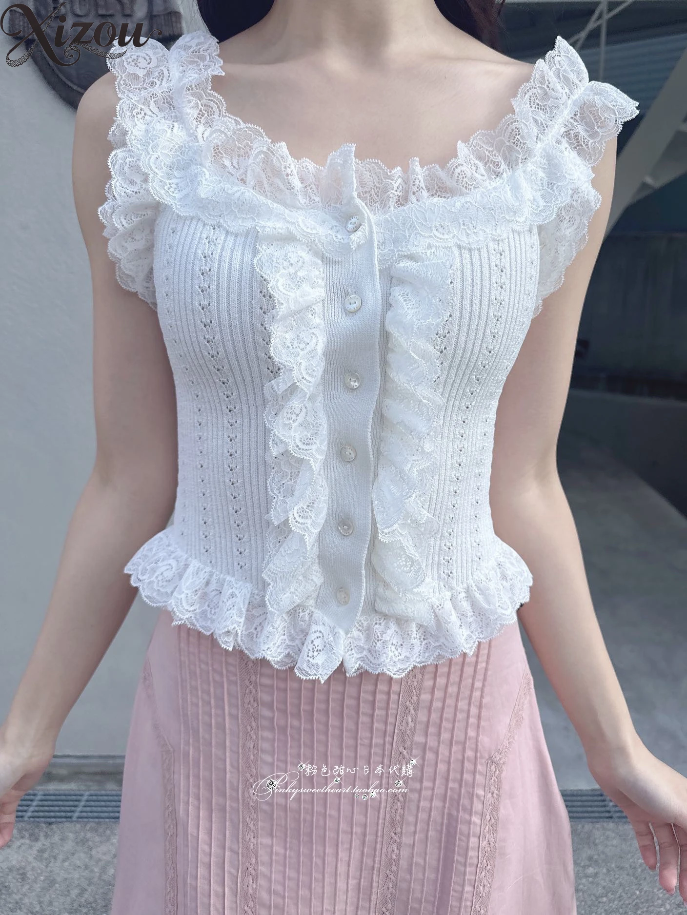 

Casual Tank Top Japanese French Style Solid Color Women's Tops Ruffled Princess Sweet Embroidered Lace Lady Camisole Summer