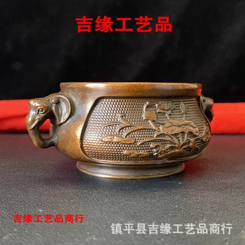 Antique-style elephant head double-handled incense burner, made of alloy with a distressed finish, for home use, incense burner,
