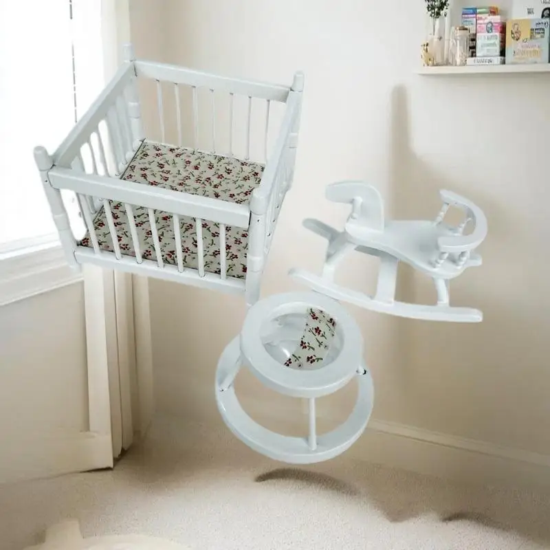 1:12 Miniature di case delle bambole Box Letto per bambini Cavallo di troia Girello Set da 3 pezzi Modello Decorazione della casa delle bambole Giochi di imitazione Giocattoli fai da te