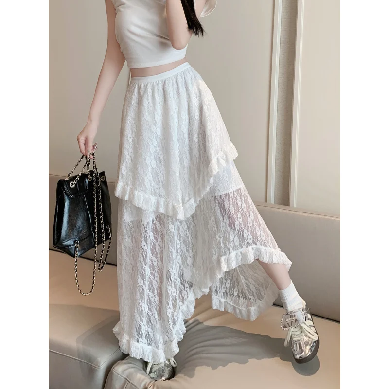 Real Shot Plus Size High Waist Slimming Irregular Lace Patchwork Mid-Length Skirt for Women