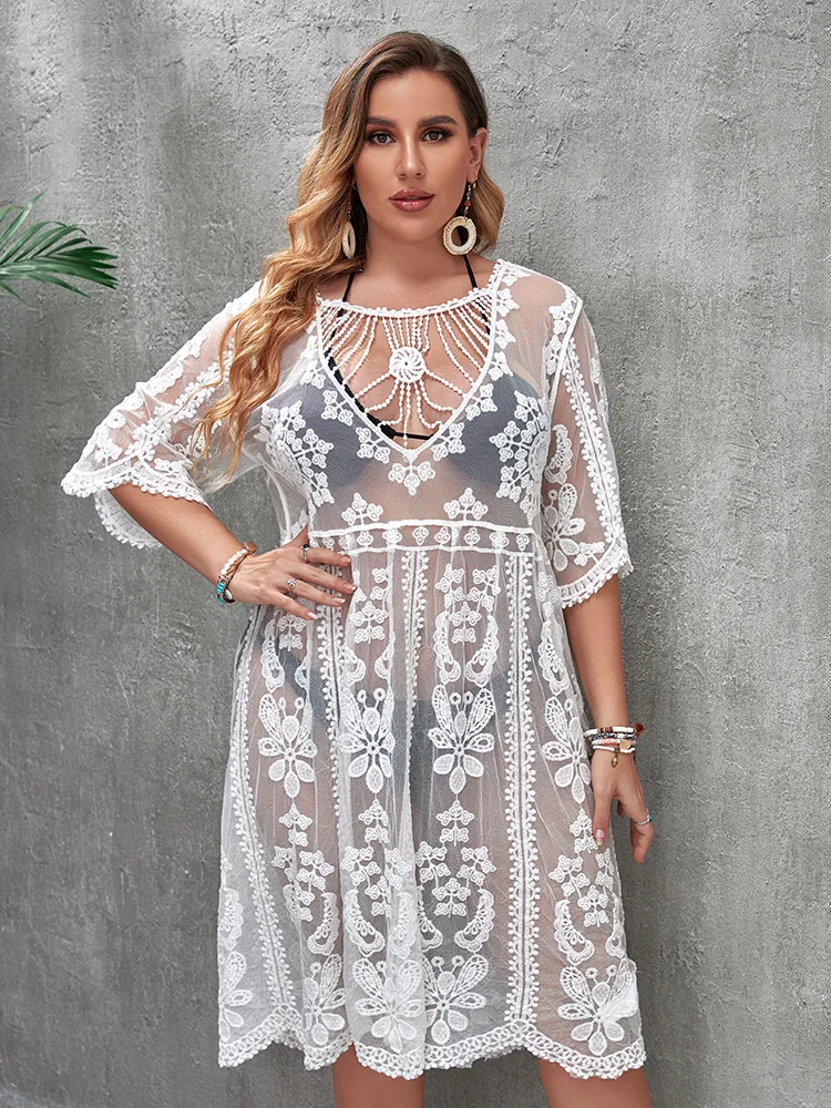 Plus Size Cover Up Tunic Beach Dress Summer Women Beach Wear Boho Swimsuit Ups White Robe Dresses Long Pareo Beachwear