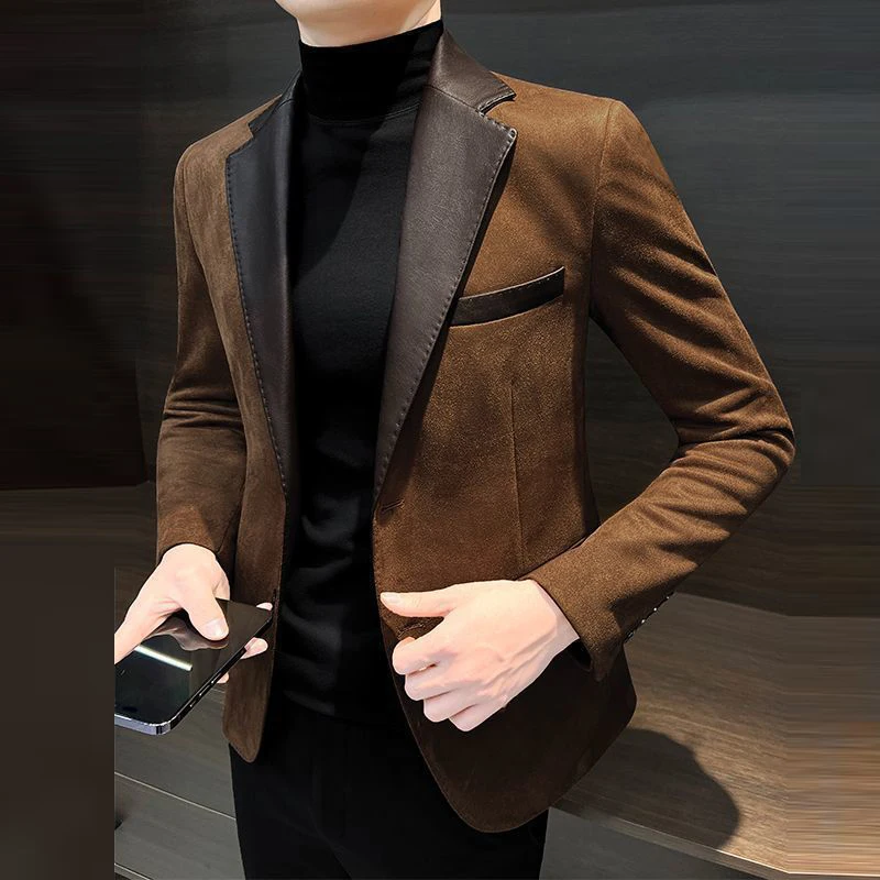 KIDWHXR Men Blazer Vintage Simple Solid Patchwork Male Suit Jacket Slim Single-breasted Long Sleeve Man Casual Outerwear