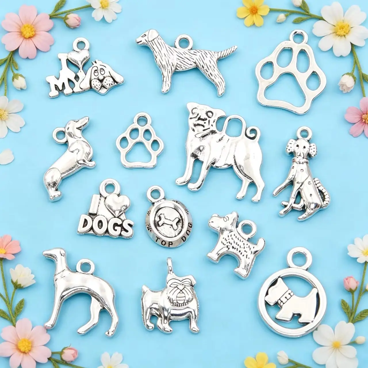 10/20Pcs 13 Styles Mixed Alloy Animal Dogs Charms for Jewelry Making DIY Handmade Pet Dog Paw Basin Letter Herat Pendant