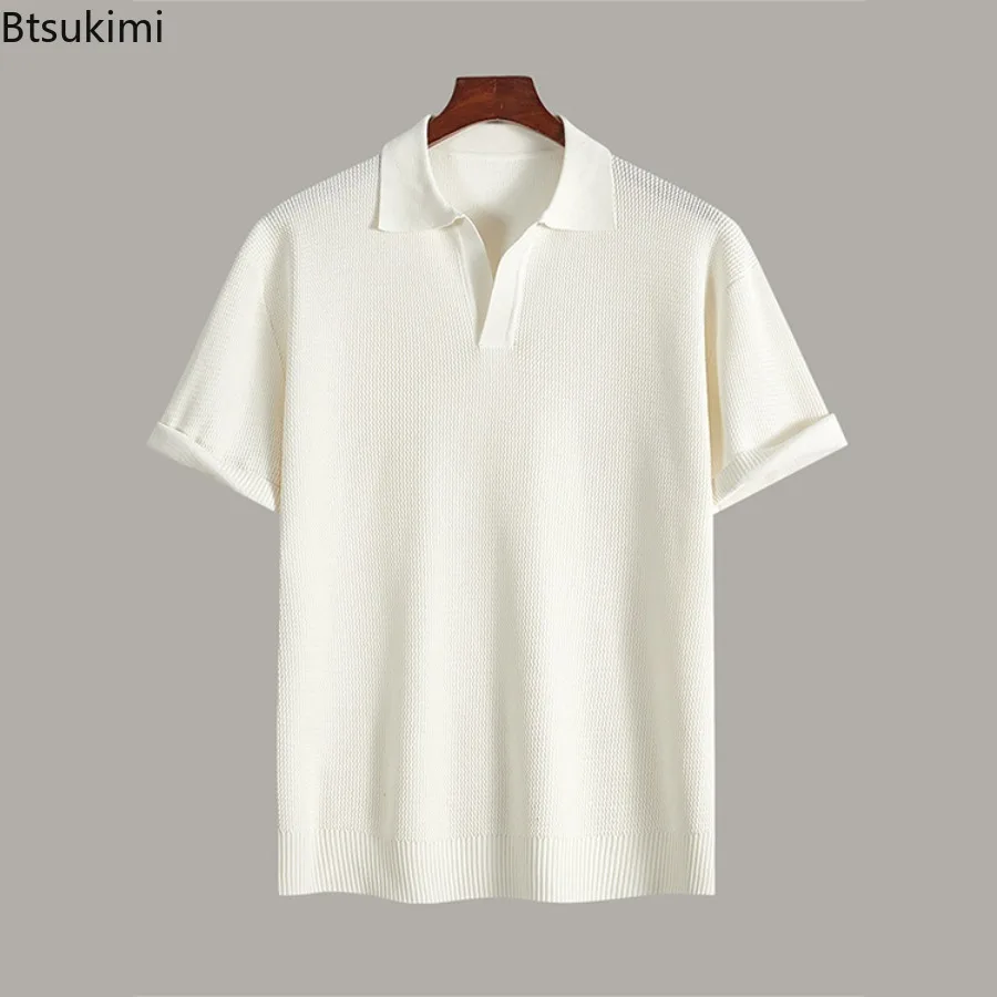 

2025 Summer Men's Solid Color Simple Collar Polo Shirt Old Money Style Casual Ribbed Sports Knitted Short Sleeve Shirt for Men