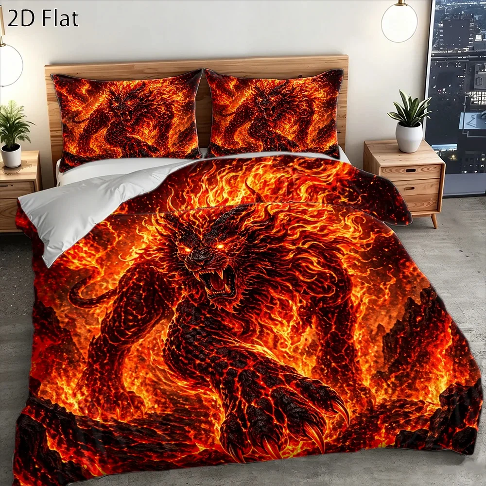 3Pc Dark Flame Beast Print Duvet Cover Set, Three-Piece Bedding Set (1*Duvet Cover + 2*Pillowcases), Suitable for All Seasons, Machine Washable, Invisible Zipper Design, Large Double Bed Cover Set, Suitable for Home, Dormitory, Master Bedroom, Guest Room, Cool Mythical Creature Bedding, Personalized Lava Demon Style Bedding, Trendy Three-Piece Bedding Set, Durable and Skin-Friendly Bedding Set, Dark Style Bedroom Decor Bedding, Fantasy Themed Duvet Cover and Pillowcase Set