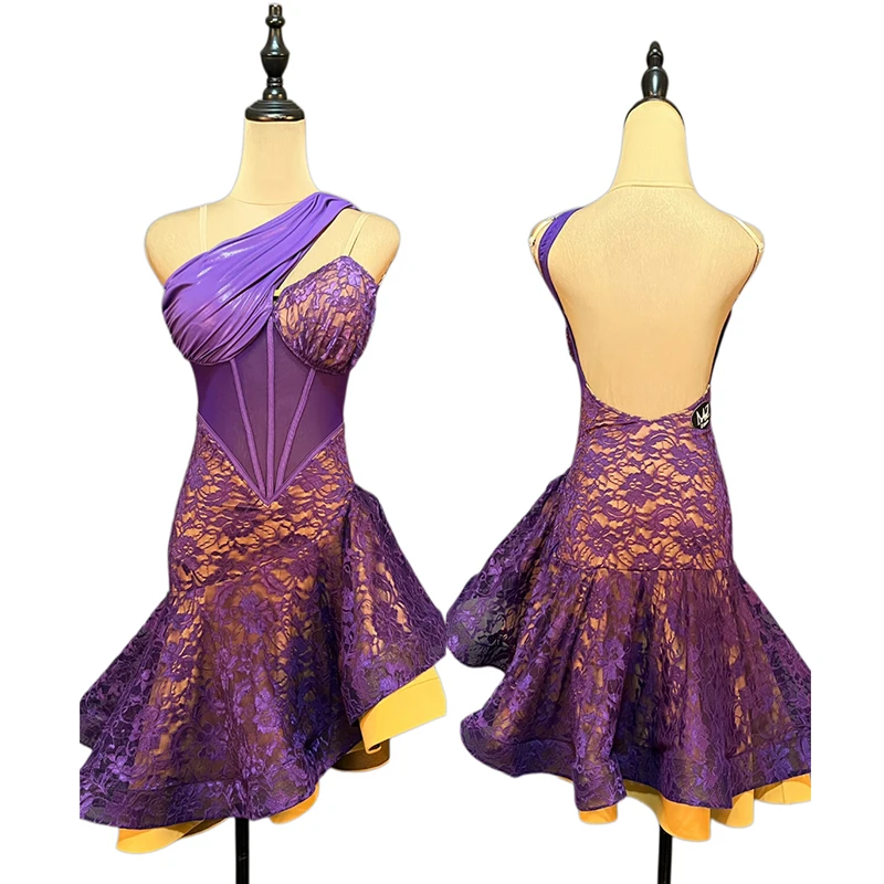 High End Latin Dance Competition Dress For Women Purple Lace Double-Layer Fishbone Skirts Ballroom Latin Dance Dress  XH5466