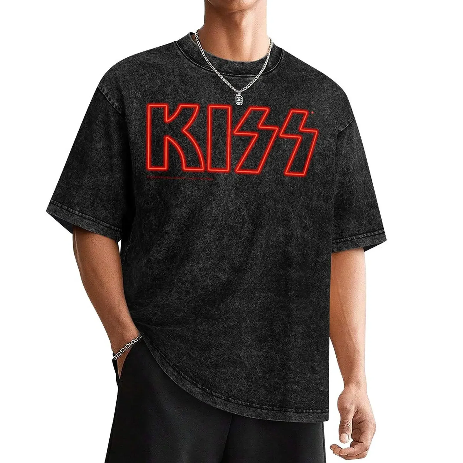 KISS Band Neon Logo T-Shirt man t shirt street wear boys whites t shirts for men graphic