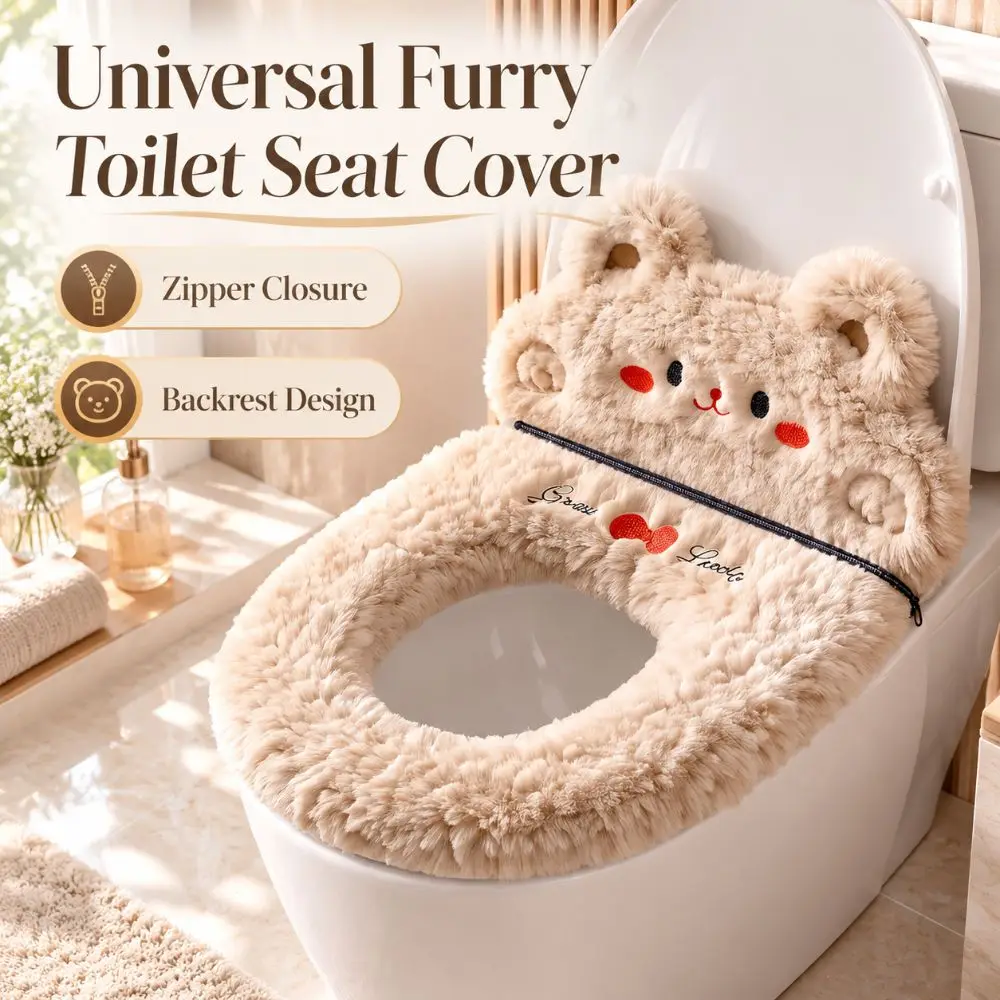 Zipper Closure Toilet Seat Cushion Backrest Design Washable Furry Toilet Cover Thickened Soft Bathroom Toilet Pad Home Bathroom