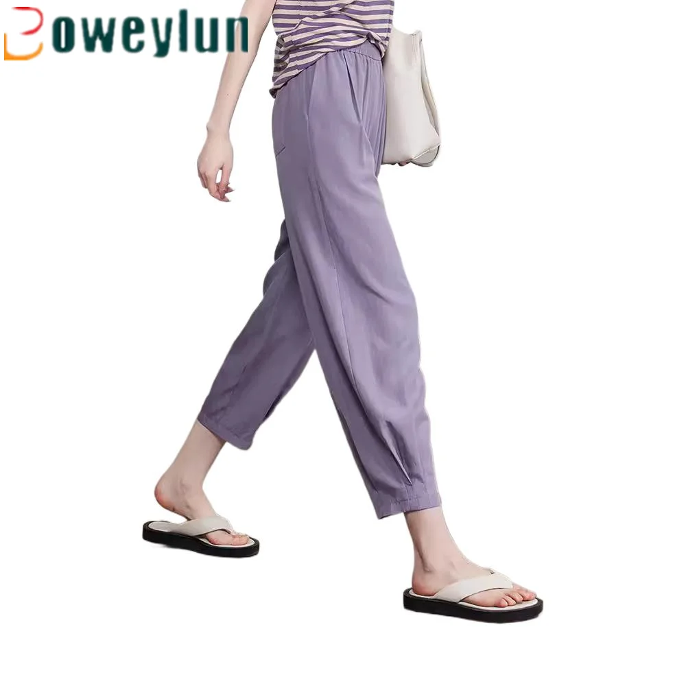 

Boweylun Summer Casual High-waisted Light Thin Casual Nine-minute Pants Tapered Harlequin Radish Trousers Women