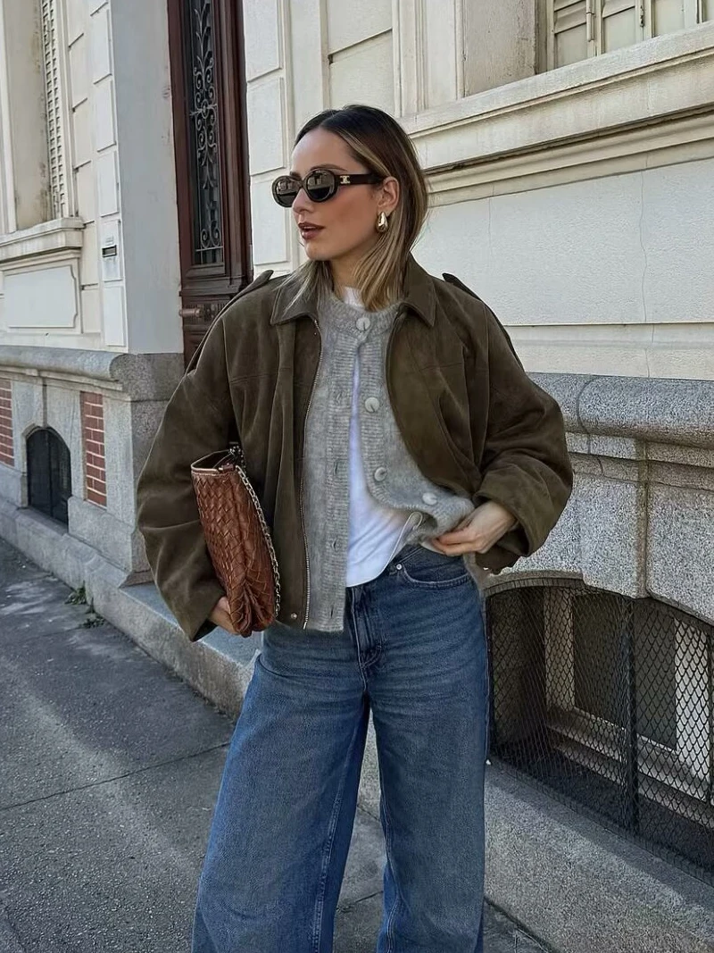 Retro Women Suede Bomber Jacket Spring Autumn Loose Fit New Long Sleeve Coat Top Streetwear Turn Down Collar Jacket Outerwear