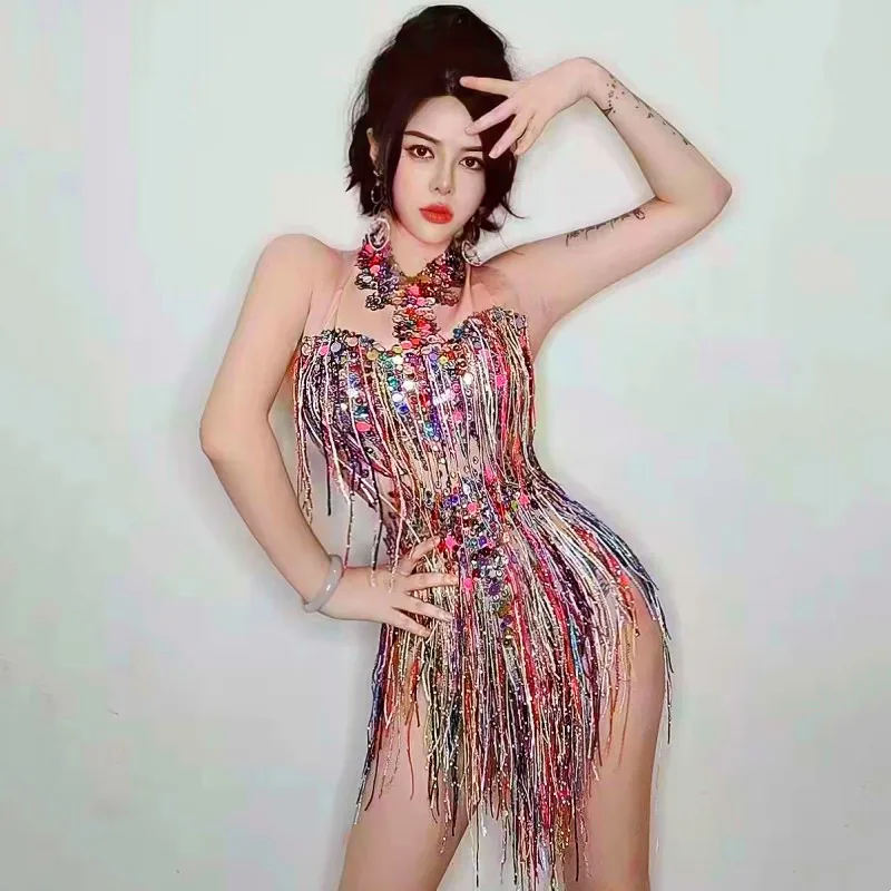 

Sparkly Colorful Crystal Sequins Tassel Bodysuit for Women Dancer Singer Sexy Performance Stage Wear Nightclub Party Show Outfit