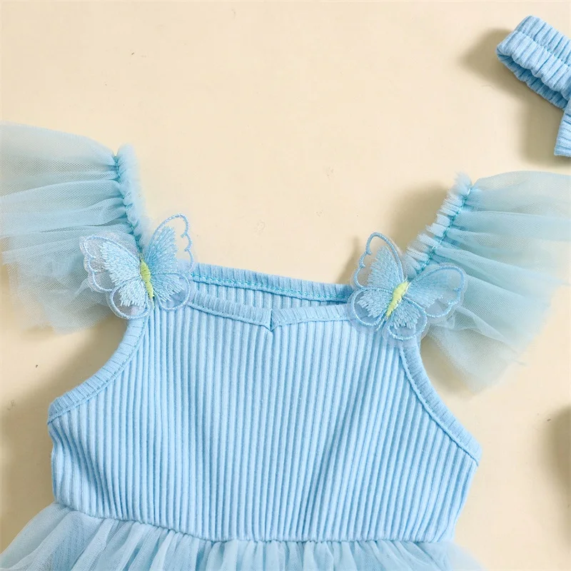 Toddler Girl Ruffle Sleeve Romper Dress with Floral Embroidery and Matching Bow Headband 2 Piece Set for Summer Outfit