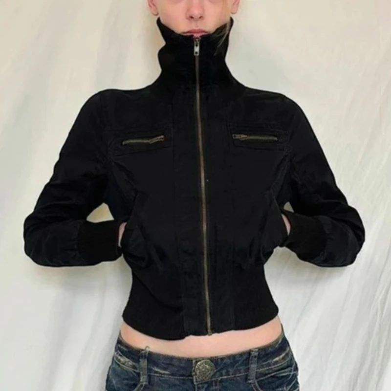 American retro collar short jacket metal multi-zipper pocket rib hem autumn and winter slim fashion tooling jacket.