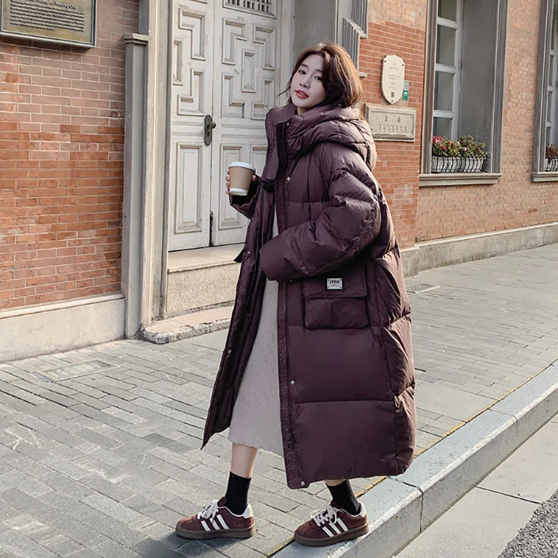 Korean Version Super Thick Straight Down Jacket Long Hooded Warm Fashion Design Sense Bread Coat Winter Women Simple Long Coat