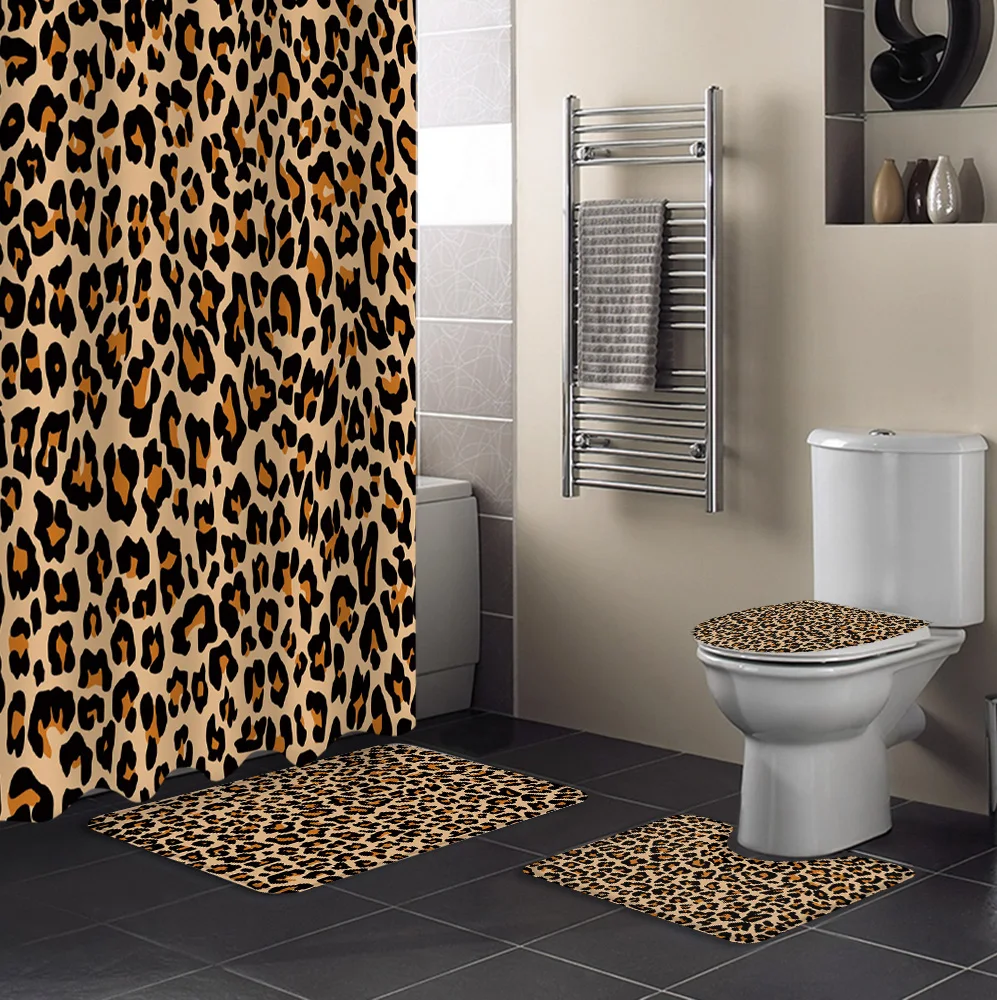 Leopard Print Cheetah Art Pattern Shower Curtain Toilet Seat Cover Set Wc Accessories Mat Bathroom Decor Bath Curtains