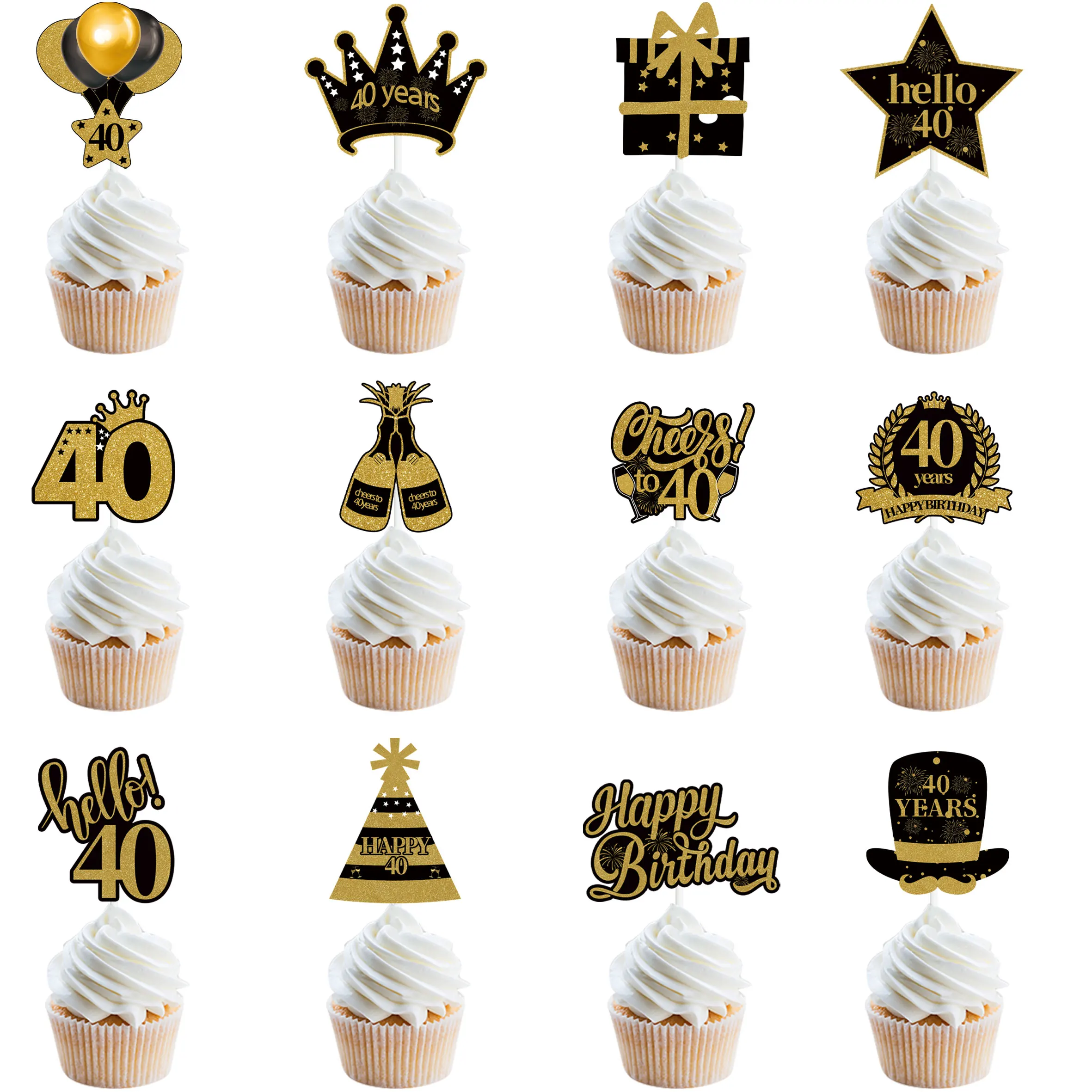 12Pcs 30th 40th 50th 60th Birthday Party Black Gold Cake Toppers Adult Birthday Anniversary 18 30 40 50 Year Birthday Supplies