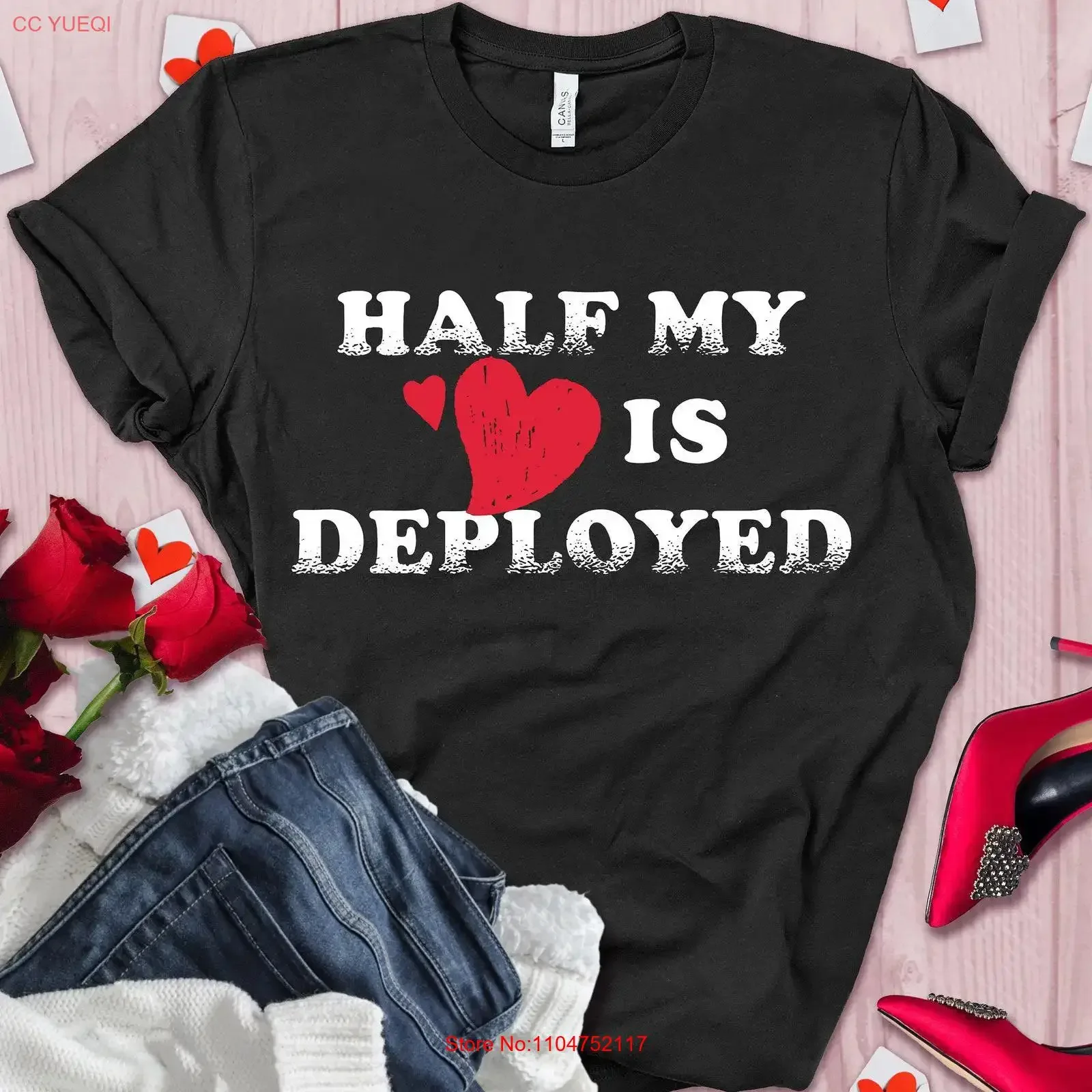 Half Of My Heart Is Deployed T Shirt Military Wife MILSO Valentines Day GifT Deployment Army Marine vintage Washed Stretched