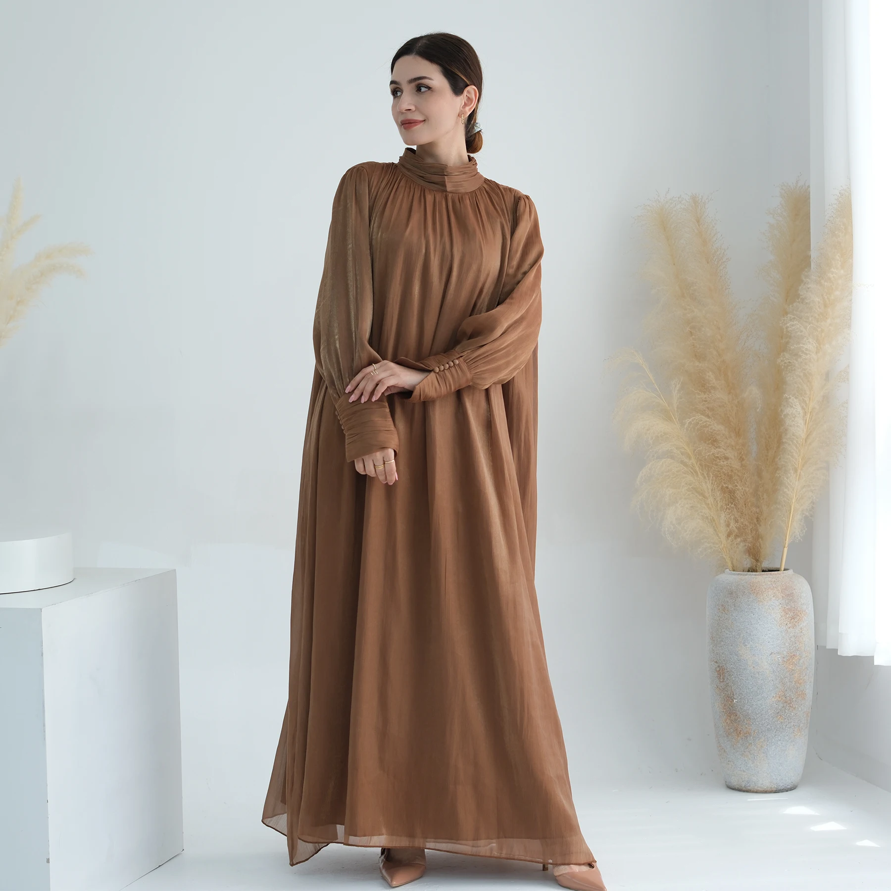 

Ramadna Abaya Lined Shinny Belted Muslim Loose Long Dress Elegant Party Robe Islamic Clothing Dubai Turkey Modest Plain Kaftan