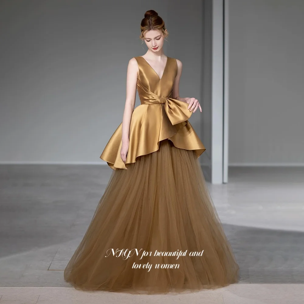 

NFYN A Line Evening Dress Sexy V Neck Prom Dress with Bow Princess Party Dress Satin Tulle robe de bal for Women Customized