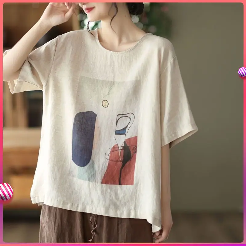 

New Summer Vintage Bohemian Print Cotton Linen Women's Loose Round Neck Short Sleeve T-Shirt Versatile Pullover T