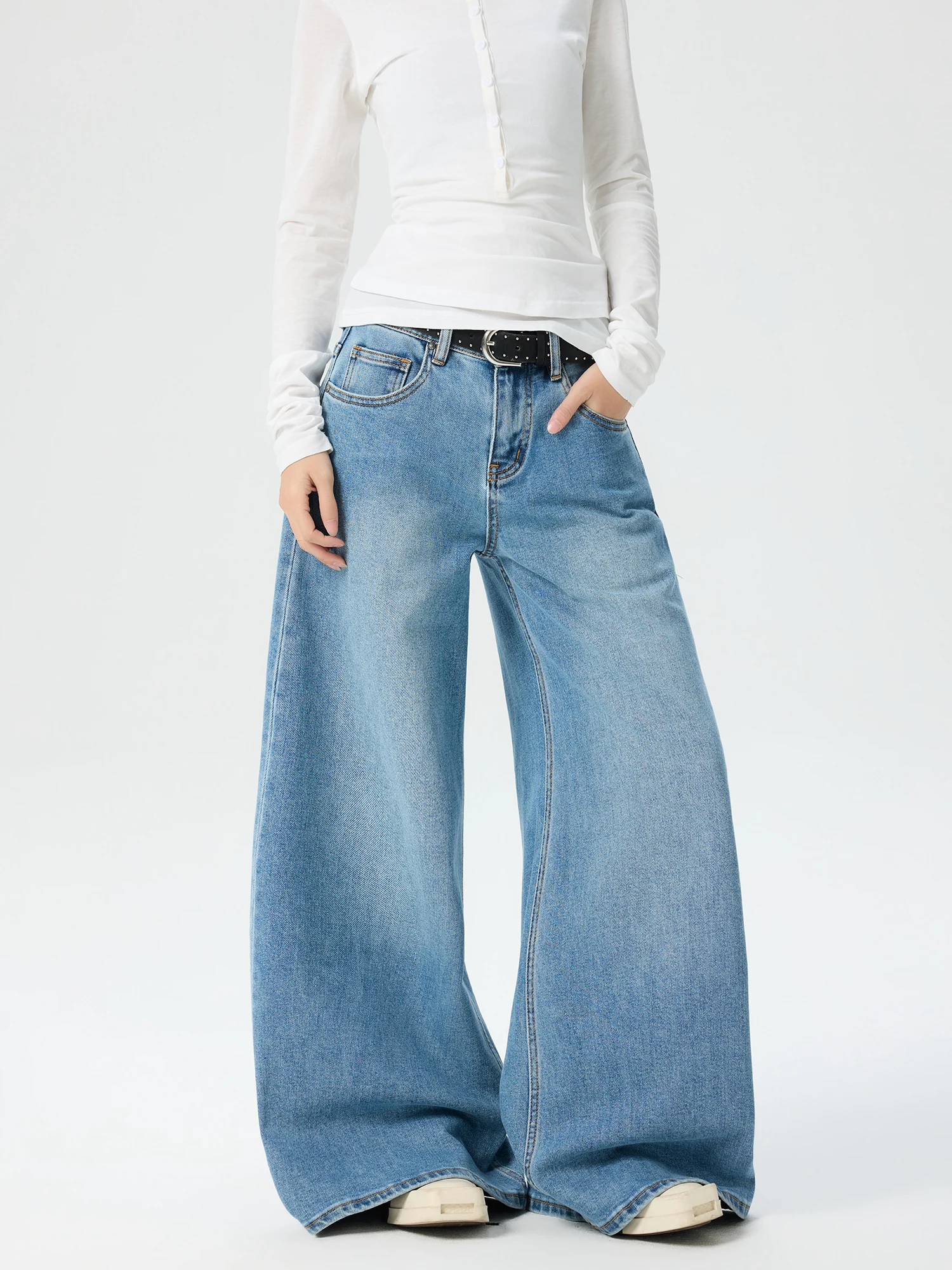 

Street Sle Wild Azizi Men's Bell Bot Wide Leg Jeans Retro Waed Loose Fit High Waist Versatile Casual Straight Cut Pants