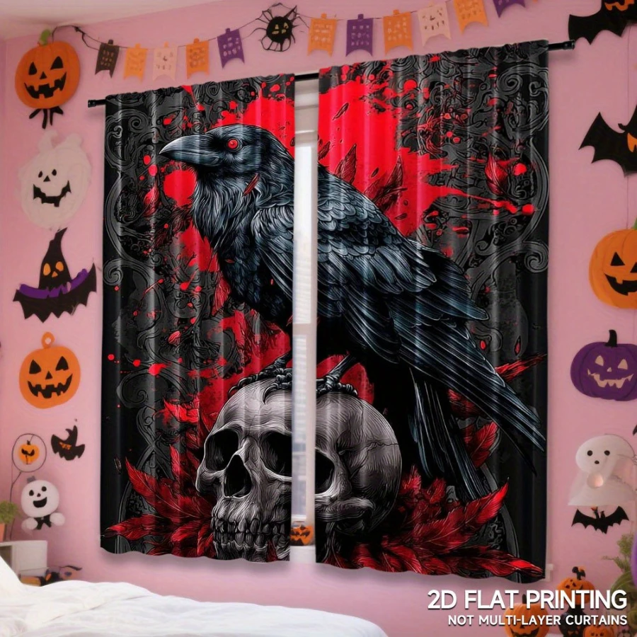 2PCS Digital Printed Curtains, Purple Rose Skull Crow Pattern, Bohemian Style Rod Pocket Drapes for Bedroom Living Room Decor