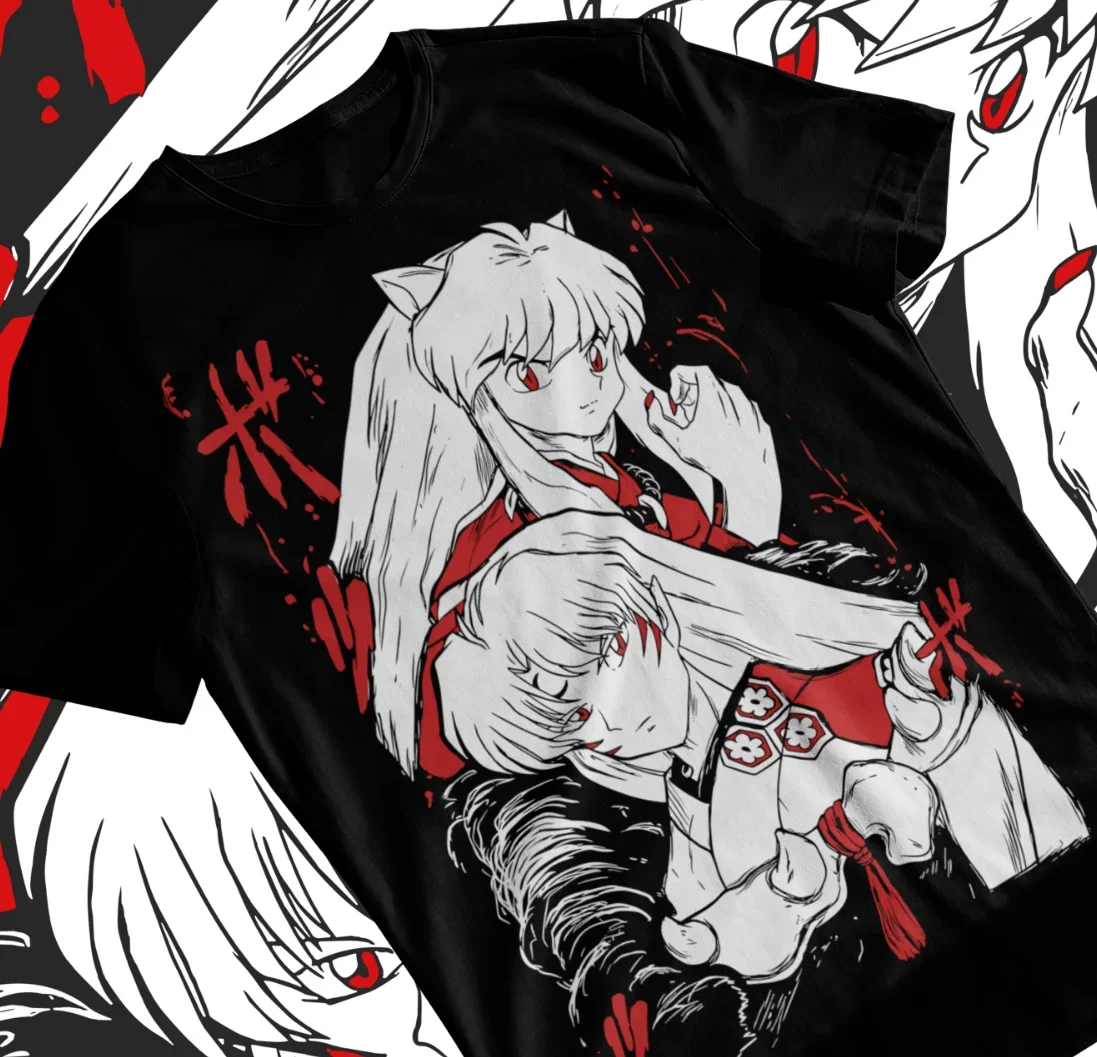 T-shirt Inmkasha Sesshomaru, rouge lune Inu Yasha Anime Noir Manches Courtes, T-shirt Doux