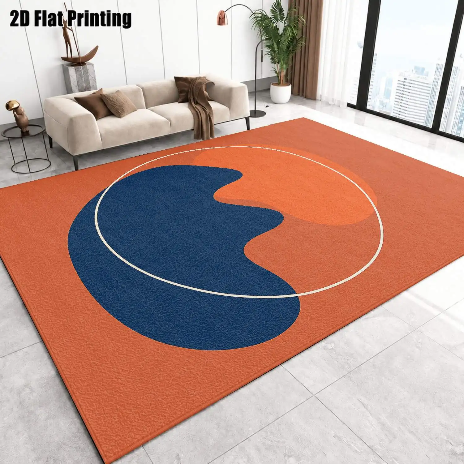 1Pc 2D Printed Nordic Abstract Art Carpet, Orange & Blue Geometric Pattern, Machine-Washable, Multi-Size, for Home Decor & Multi-Scene Use