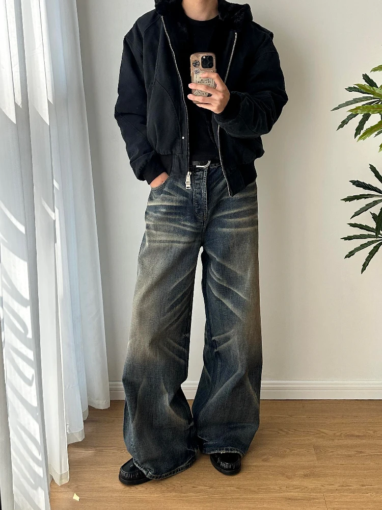 

Retro American Waed Men's Jeans Loose Straight Leg Wide Leg Floor Length Casual Long Trousers Youth Faion Denim Pants