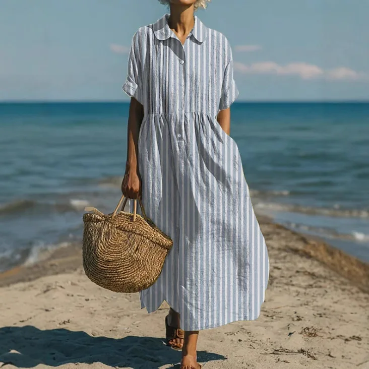 

2026 European And American Cross-Border Women's Loose Striped Casual Collared Long-Sleeve Button Dress