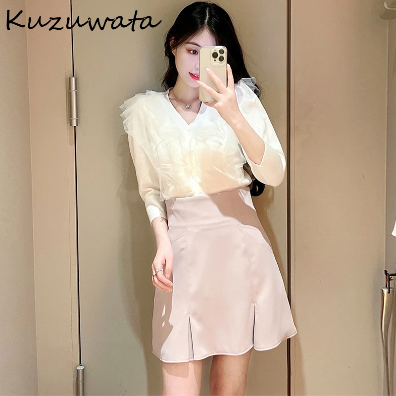 Kuzuwata 2024 Japanese V Neck Pull Femme Knitted Pullover Ruffles Mesh Patchwork Solid Color Jumpers Long Sleeve Slim Sweaters