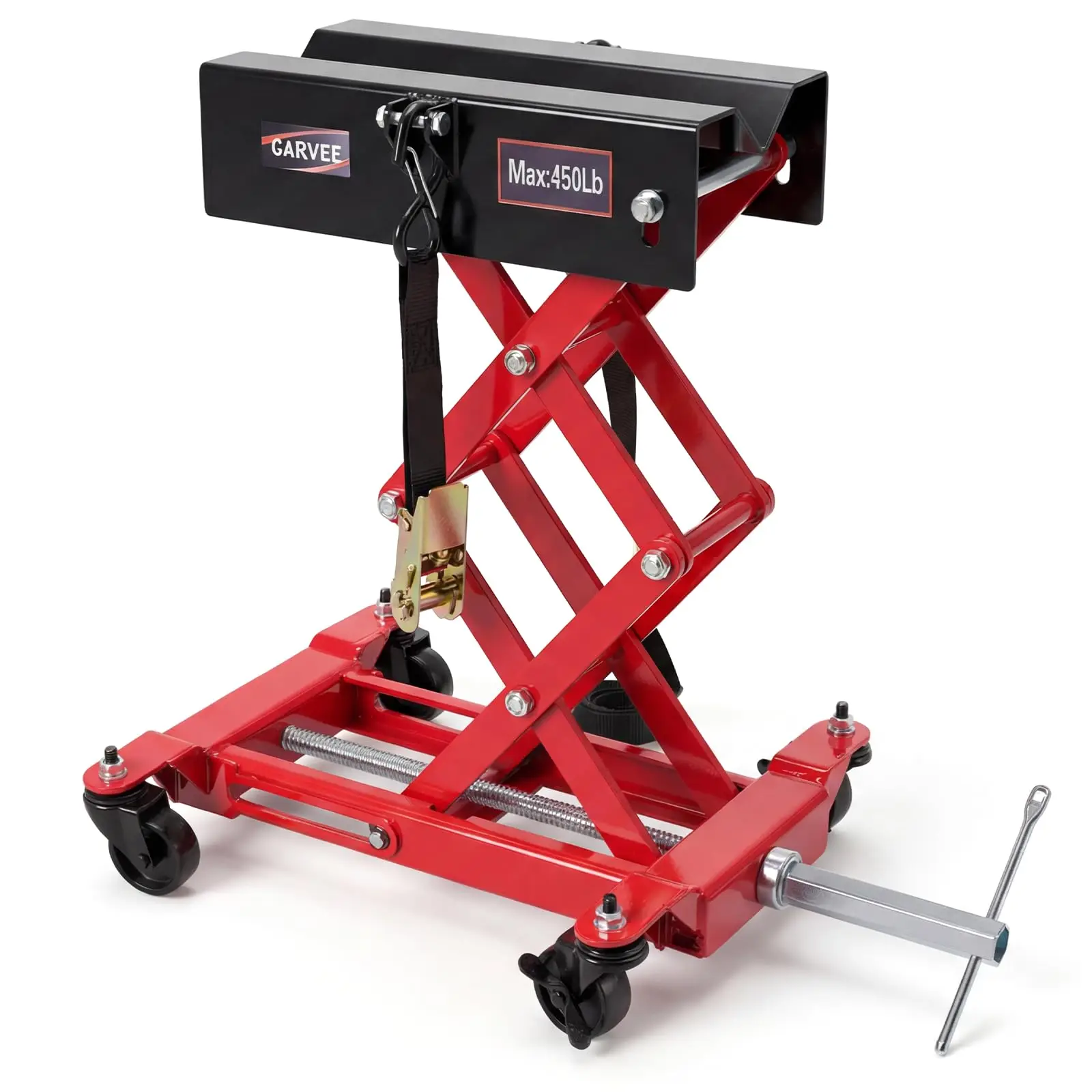 Heavy Duty 450 LBS Low Profile Drive Jack - Double Scissor Lift - 7-23 Inch Adjustable Range - Safety Straps & 4 Swivel Wheels - Ideal for Auto Repair, Drive Maintenance, Garage Use, Red