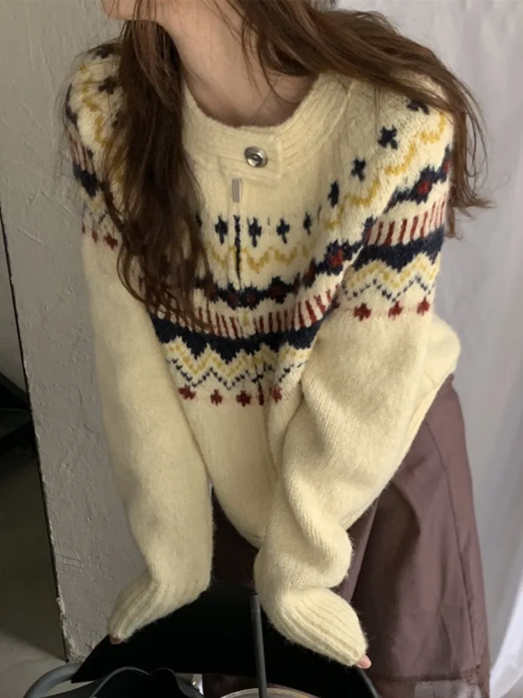 Suéter Abrigo de Punto ueso con Diseño Fair Isle de JL, Bloques de Color, Bordado, Manga Larga, para Otoño, Invierno y Pr...
