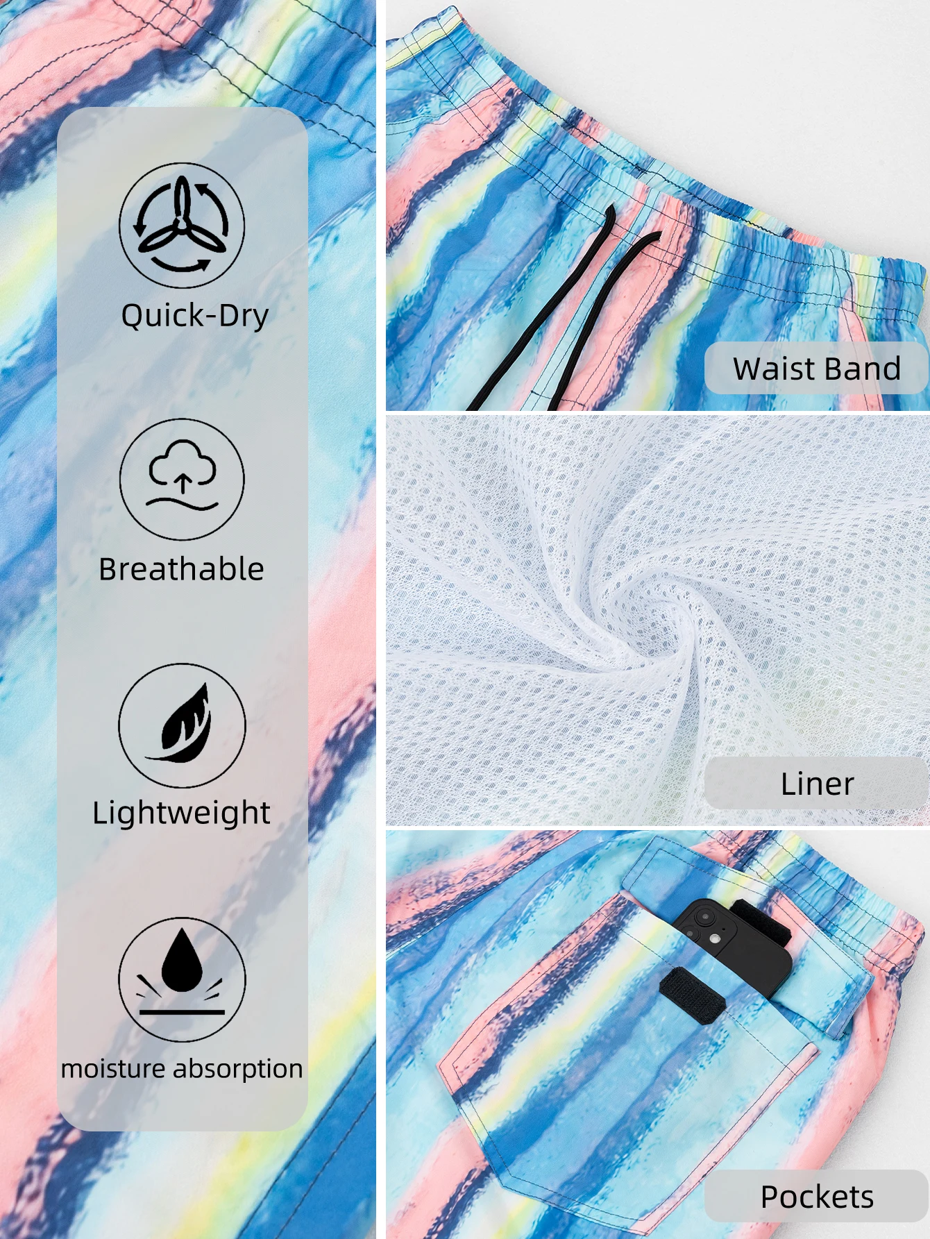 Men's Beach Elastic Waist Drawstring Stretch Shorts Casual Lightweight Swim Trunks Athletic Running Pants with Mesh Lining