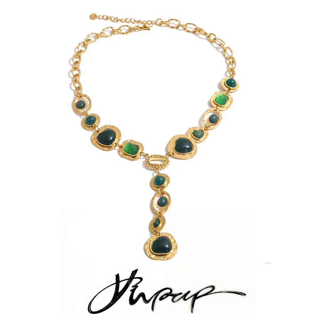 Yhpup Stainless Steel Green Resin Y Chain Statement Necklace Autumn Winter Style Popular Charm Jewelry