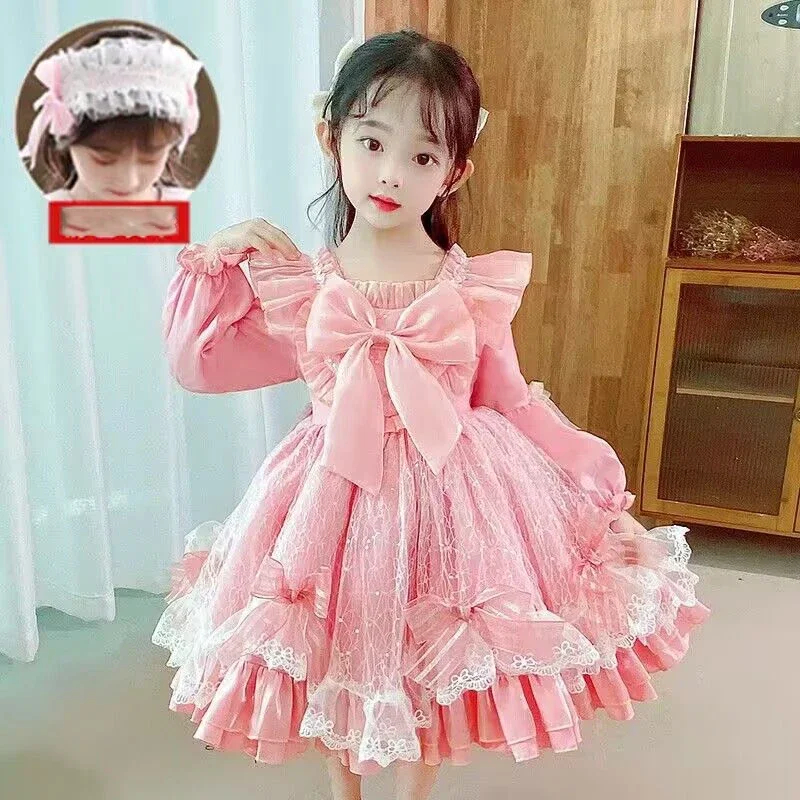 Novo Vestido Lolita Rosa para Meninas 2026, Vestido de Princesa com Manga Longa, Renda, Babados e Laço, Vestidos Tutu para Festas de Aniversário Infan