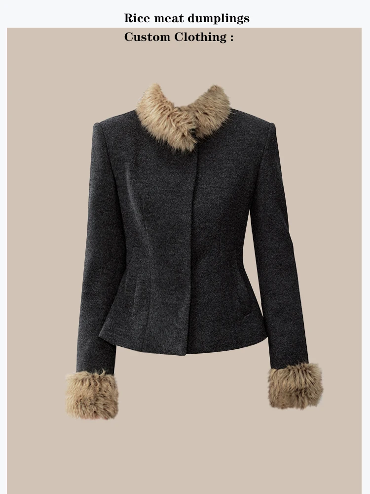 

Removable Fur Collar Short Coat Vintage Style Slim Fit Women's Woolen Jacket Waist-Cinching Design Casual Chic Top