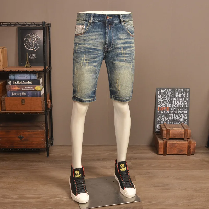 

Летние ретро ностальгические джинсы пять четвертей, мужские модные элитные модные брендовые эластичные облегающие элитные потертые повседневные шорты