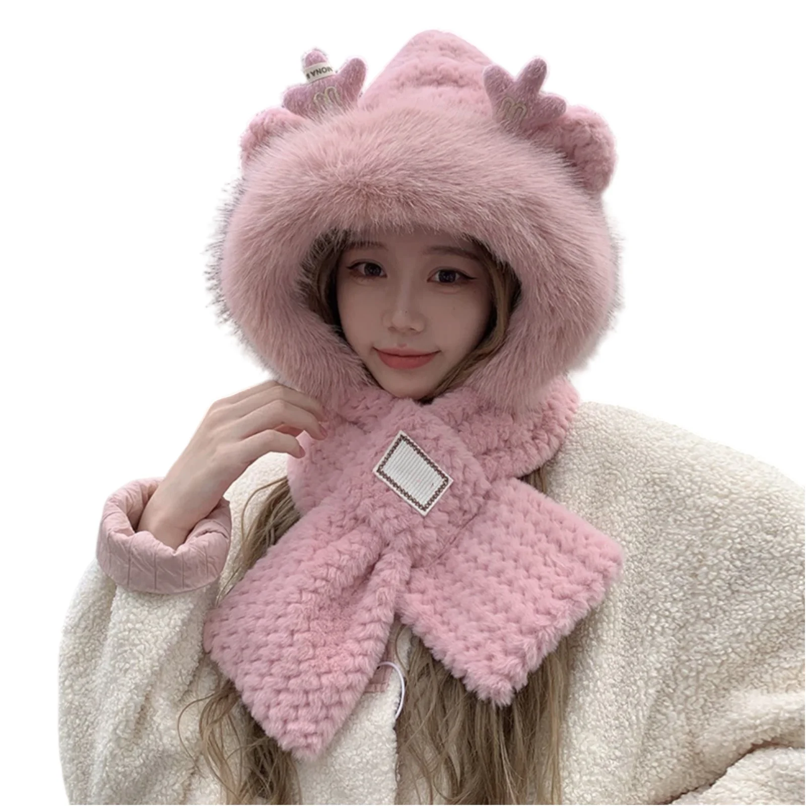 جميل الشتاء قبعة تدفئة وشاح مجموعة النساء فو الفراء قبعة الشتاء الدافئة الوالدين الرقبة دائرة وشاح تزلج الثلوج قبعة قبعة محبوك قبعات الرأس #2