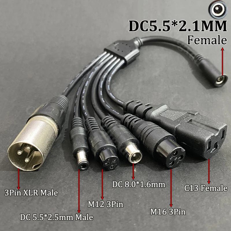 1 To 6 Power Charging Cable DC 5.5*2.1mm Female To 5525 8016 M12 M16  IEC C13  XLR Male Power Adapter Cord For Electric Scooter