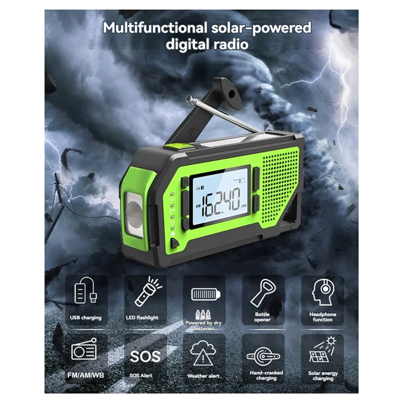 

ATSQ-Solar Power Emergency Radio Hand Crank Charging 2000Mah AM/FM Weather Radio LED Flashlight Bottle Opener Portable