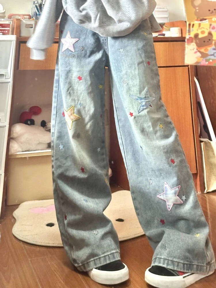 

HOUZHOU Y2k Star Baggy Jeans Women Vintage Harajuku Blue Wide Leg Trousers Preppy Style Retro High Waist Denim Pants Streetwear