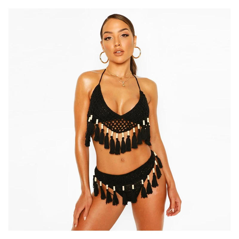 Kobiety ręcznie szydełkowane Bikini Set Sexy Knitting stroje kąpielowe Halterneck Tassel strój kąpielowy