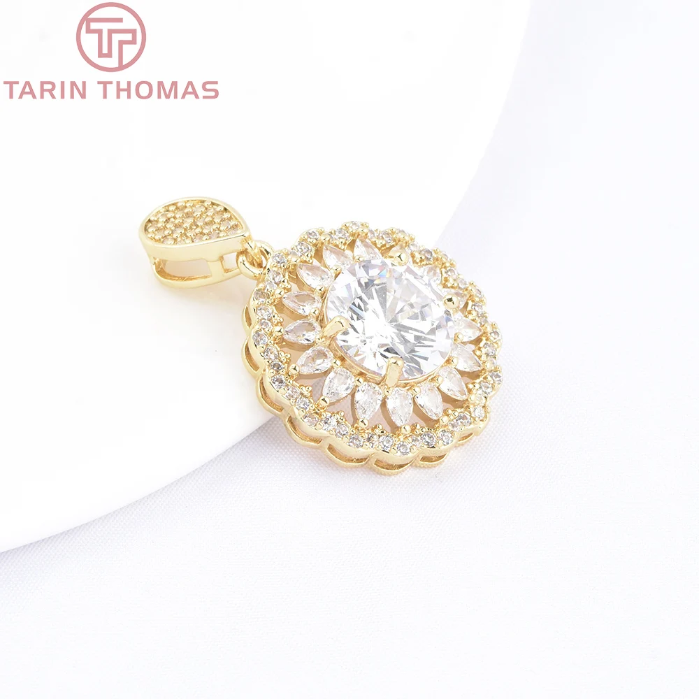(9895) 2PCS 20x31MM 18K Gold Color Brass with Zircon Sunflower Shaped Pendants High Quality Jewelry Making Findings Accessories